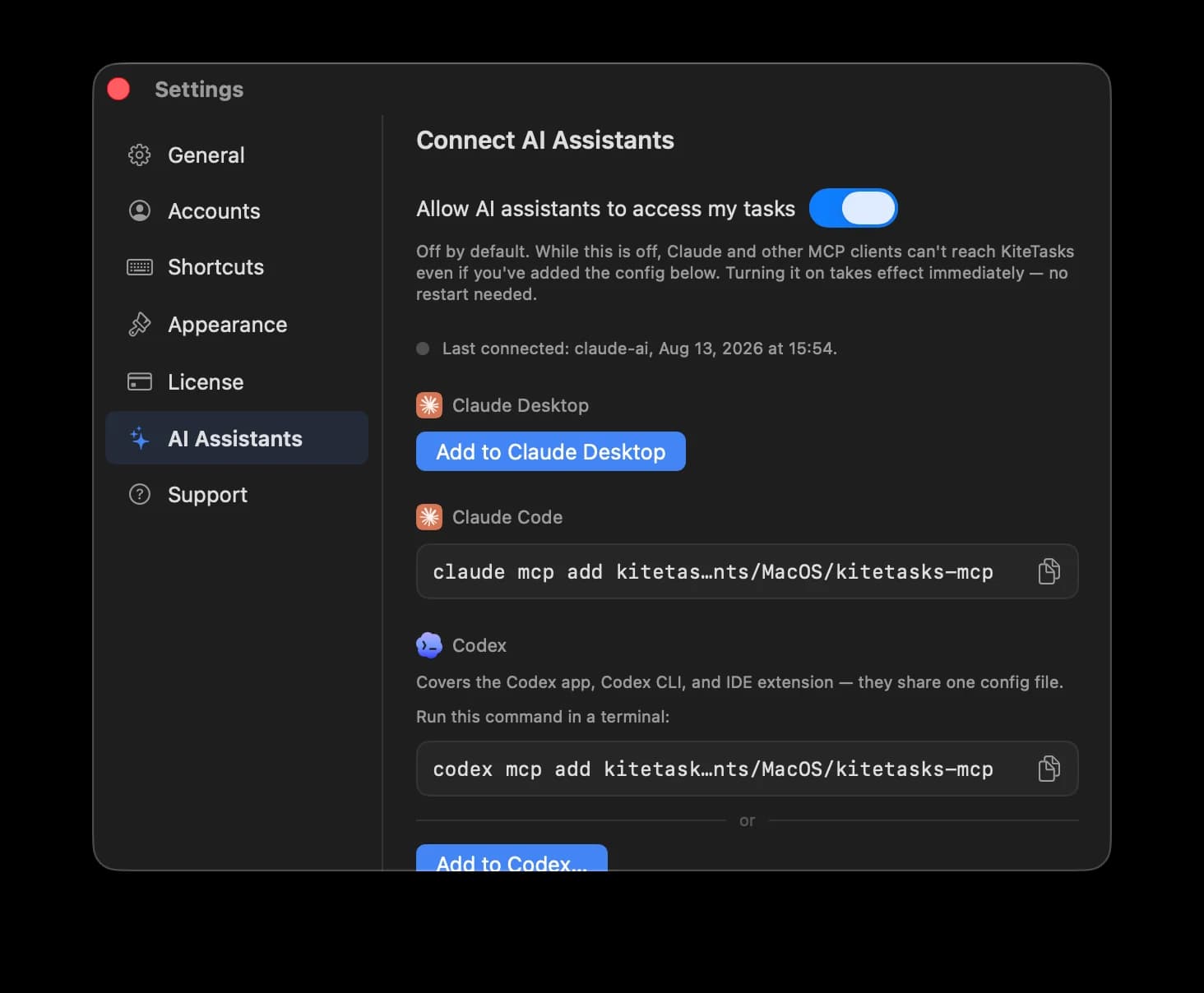 KiteTasks Settings showing the AI Assistants pane with the Codex connect button and the codex mcp add terminal command
