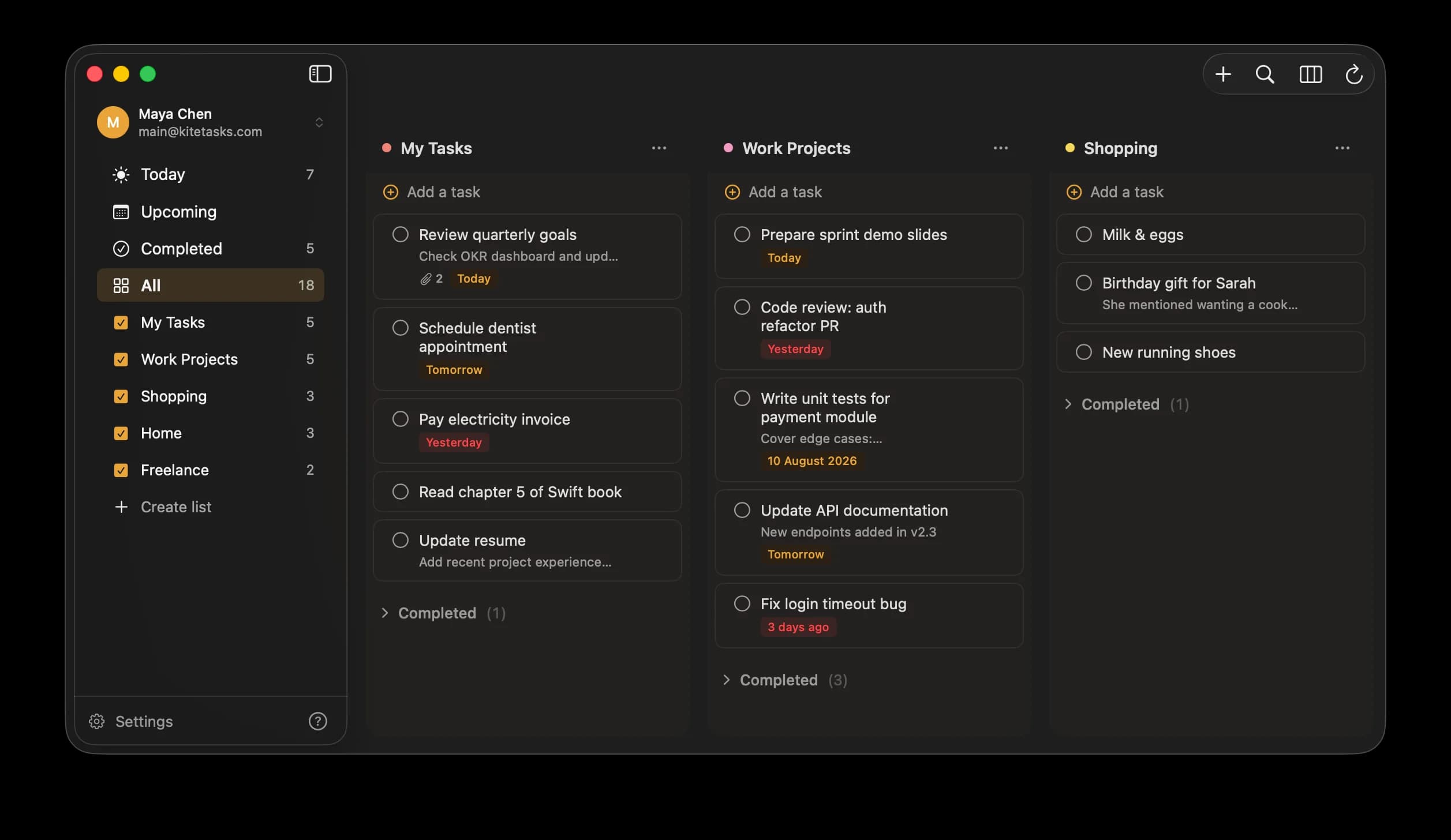 KiteTasks in dark appearance with the Amber color theme