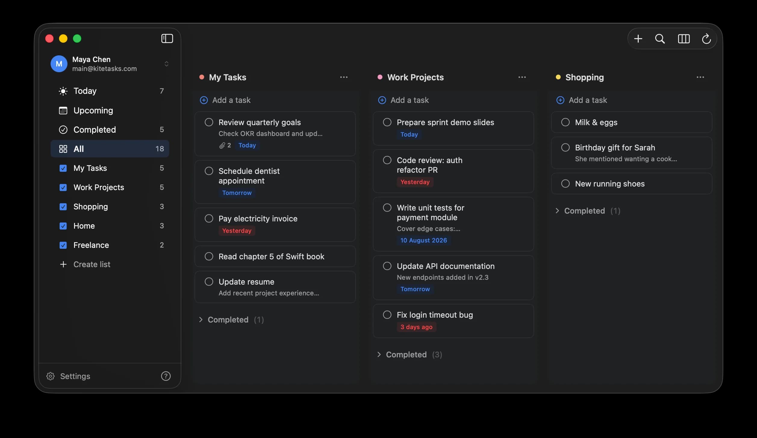 KiteTasks in dark appearance with the Blue color theme