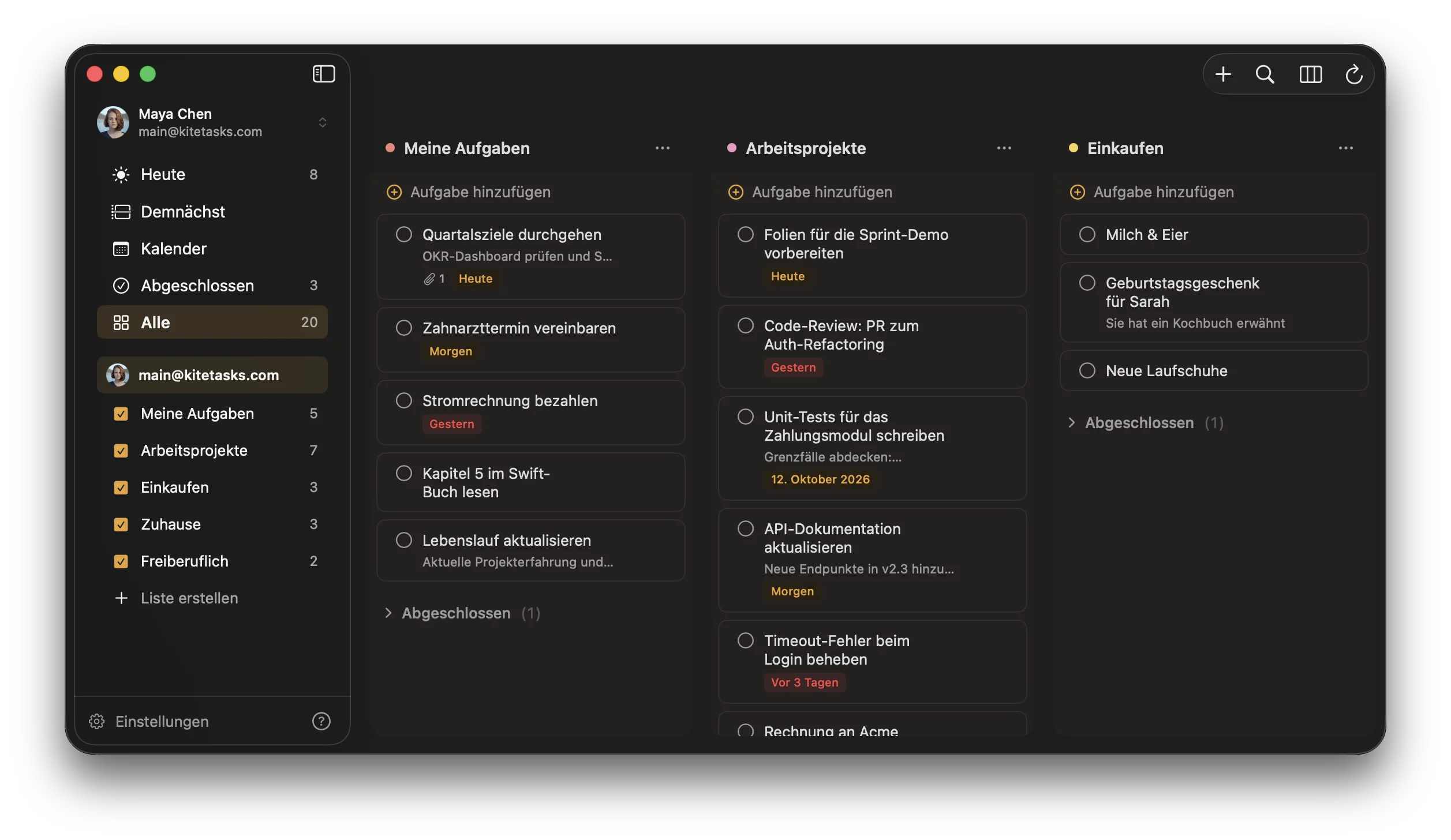 KiteTasks im dunklen Erscheinungsbild mit dem Farbschema Bernstein