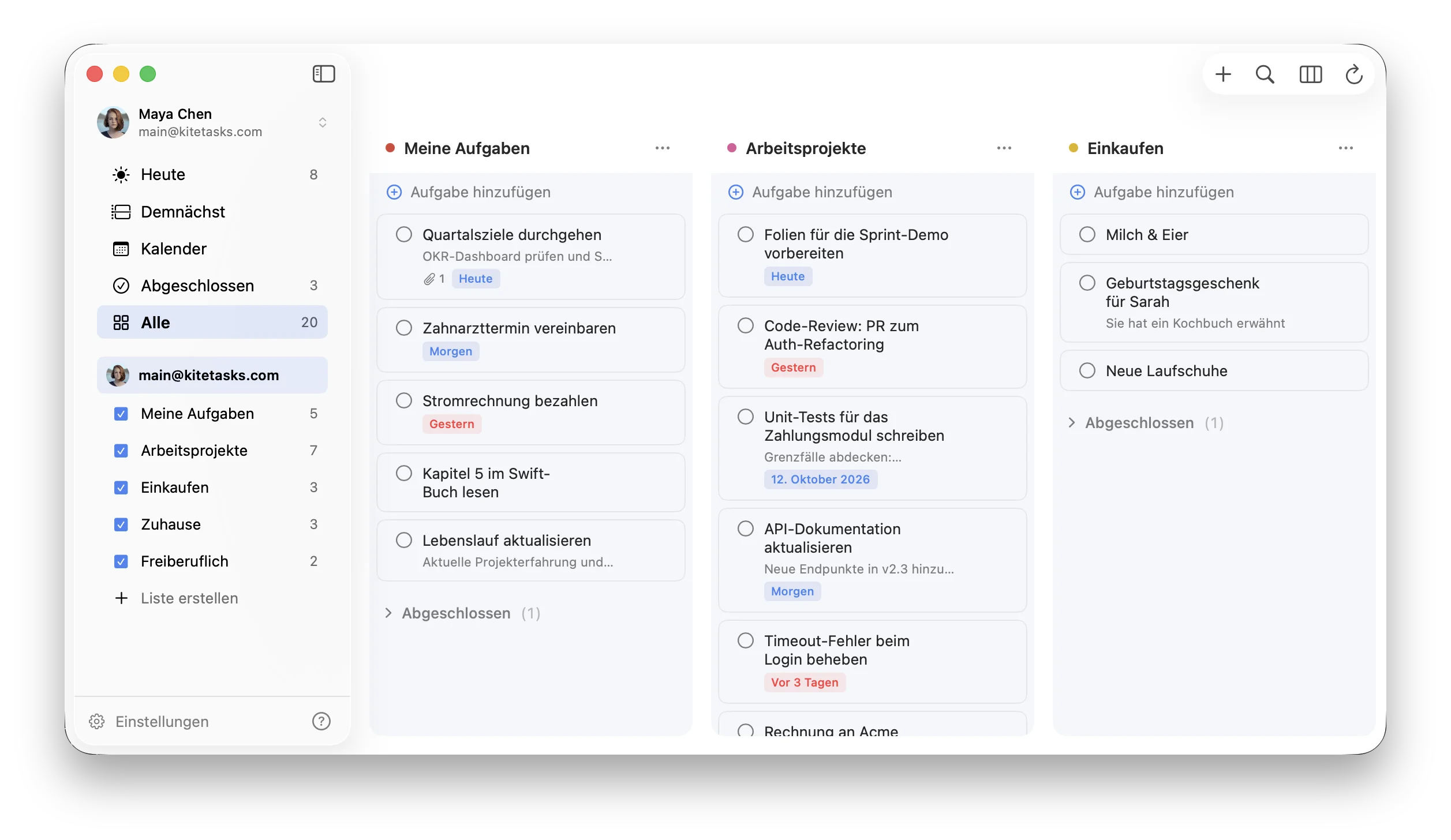 KiteTasks im hellen Erscheinungsbild mit dem Farbschema Blau