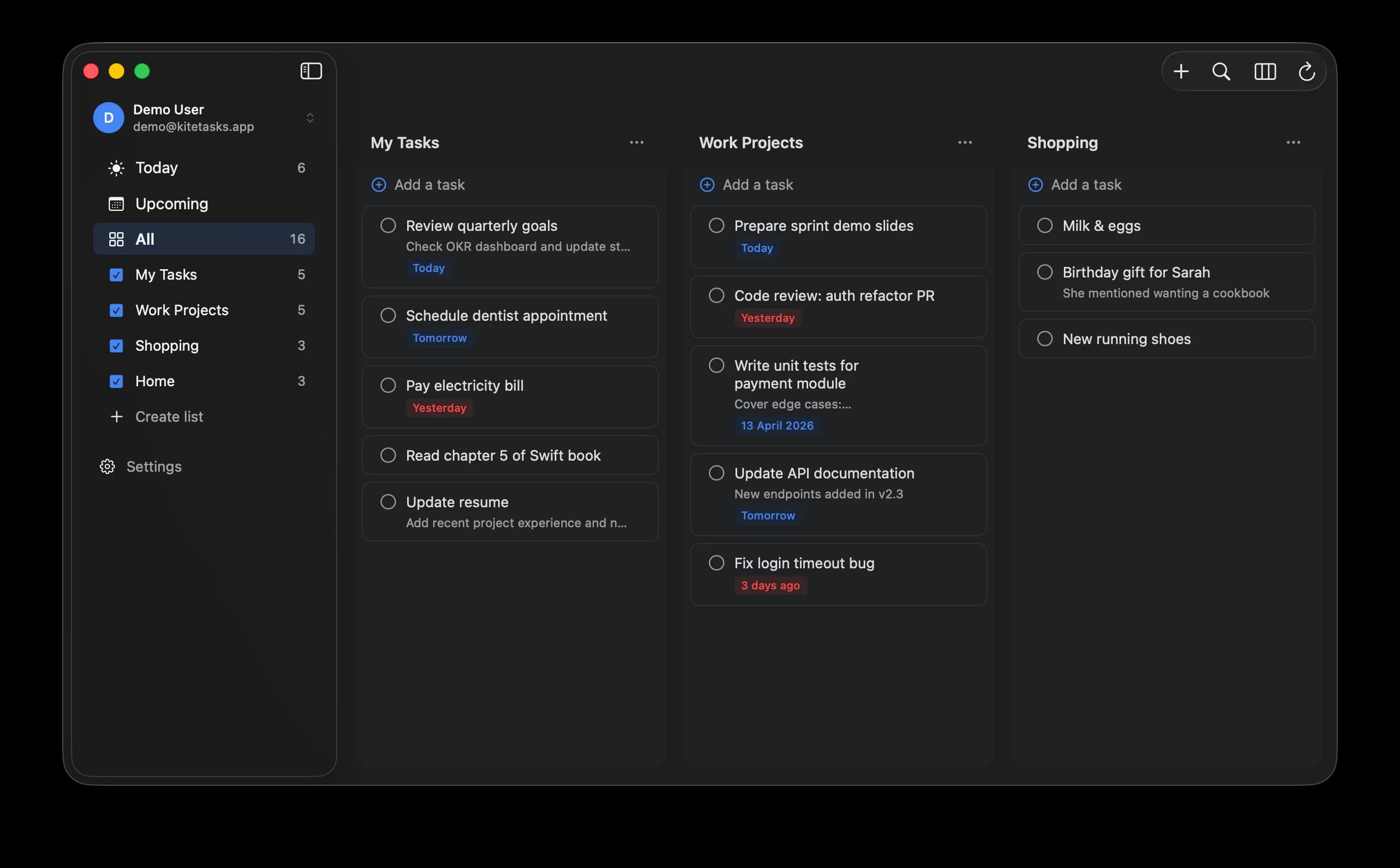 KiteTasks running natively on macOS showing the Kanban board view across multiple lists