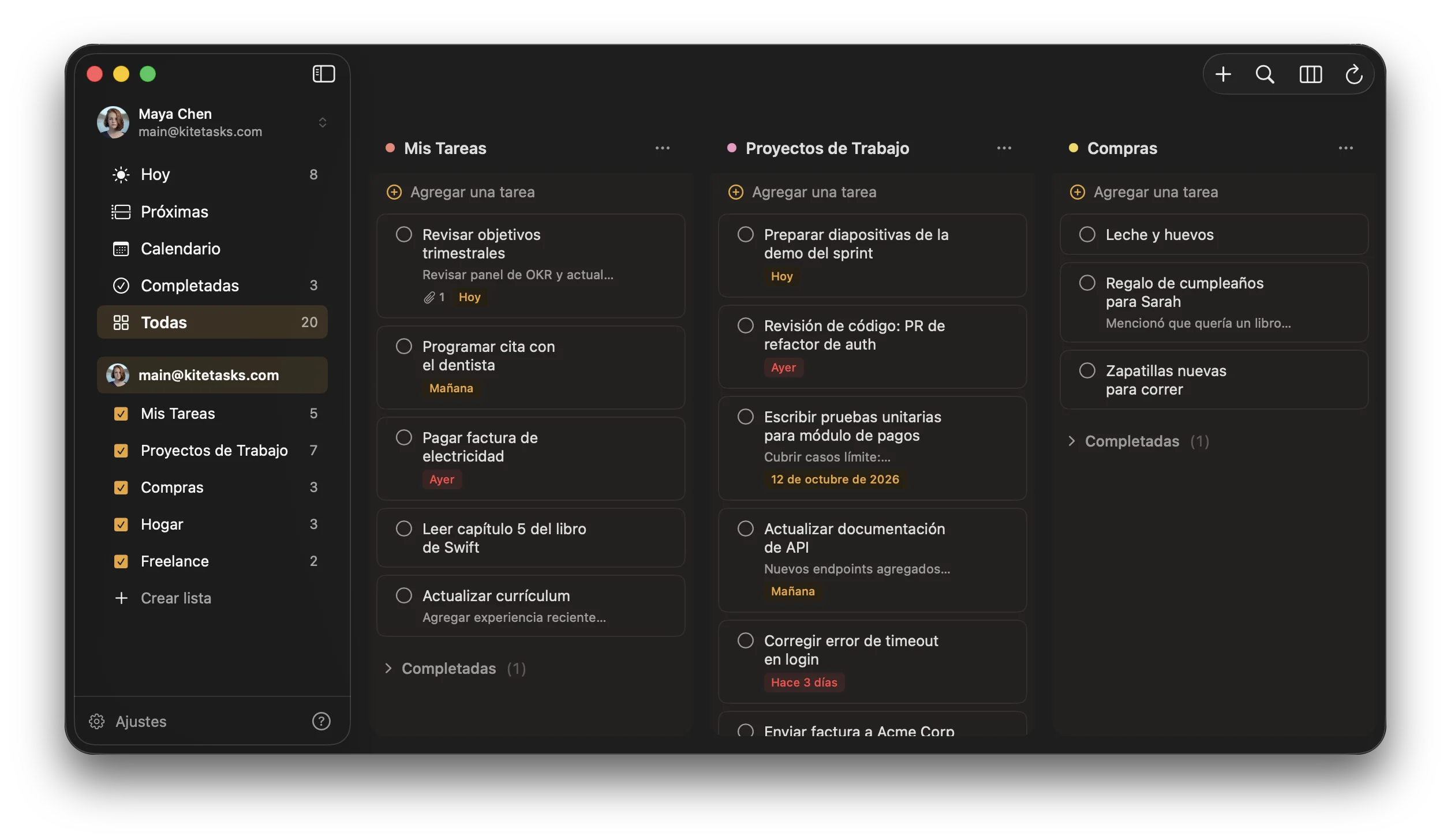 KiteTasks con la apariencia oscura y el tema de color Ámbar