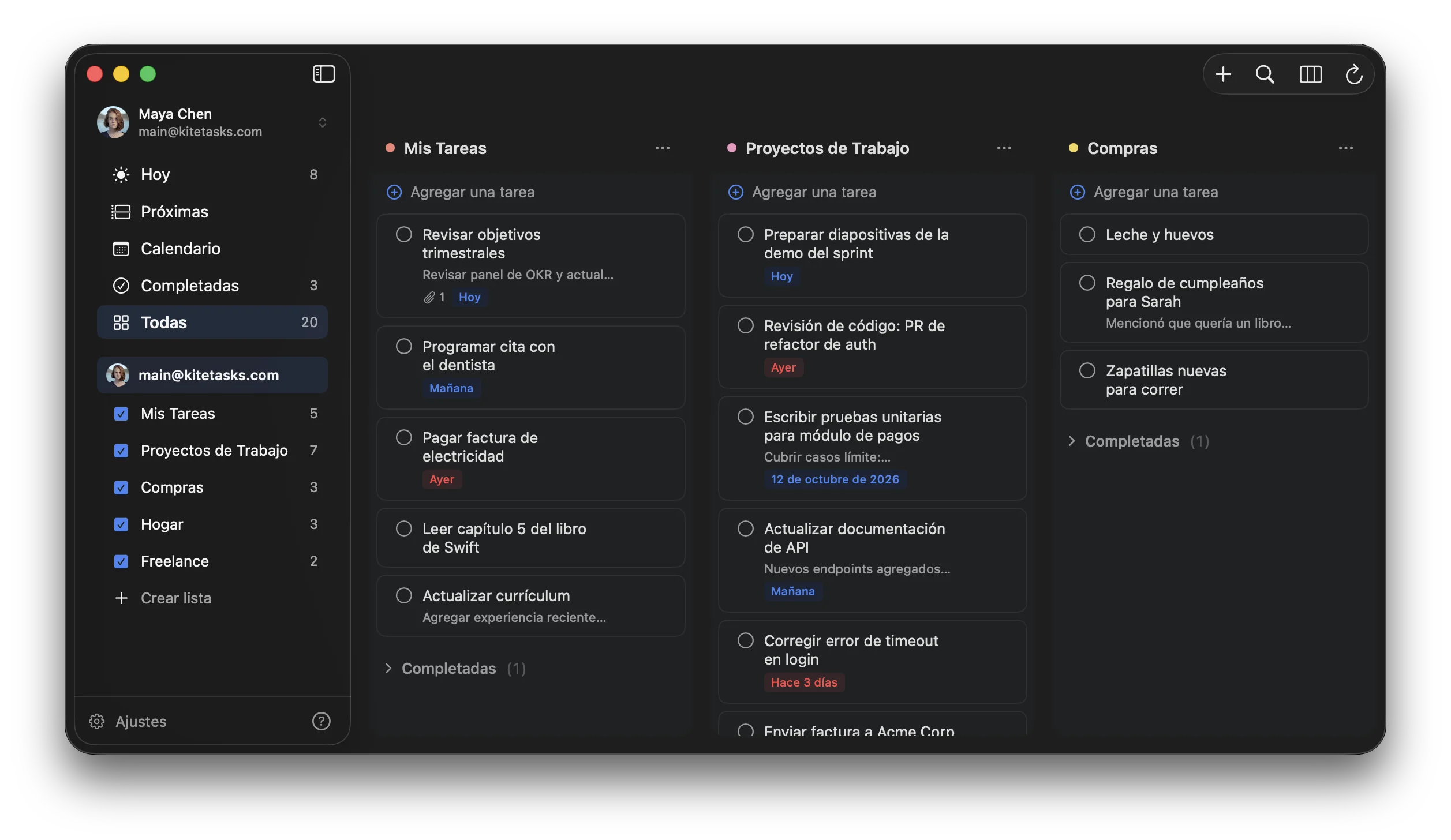 KiteTasks con la apariencia oscura y el tema de color Azul