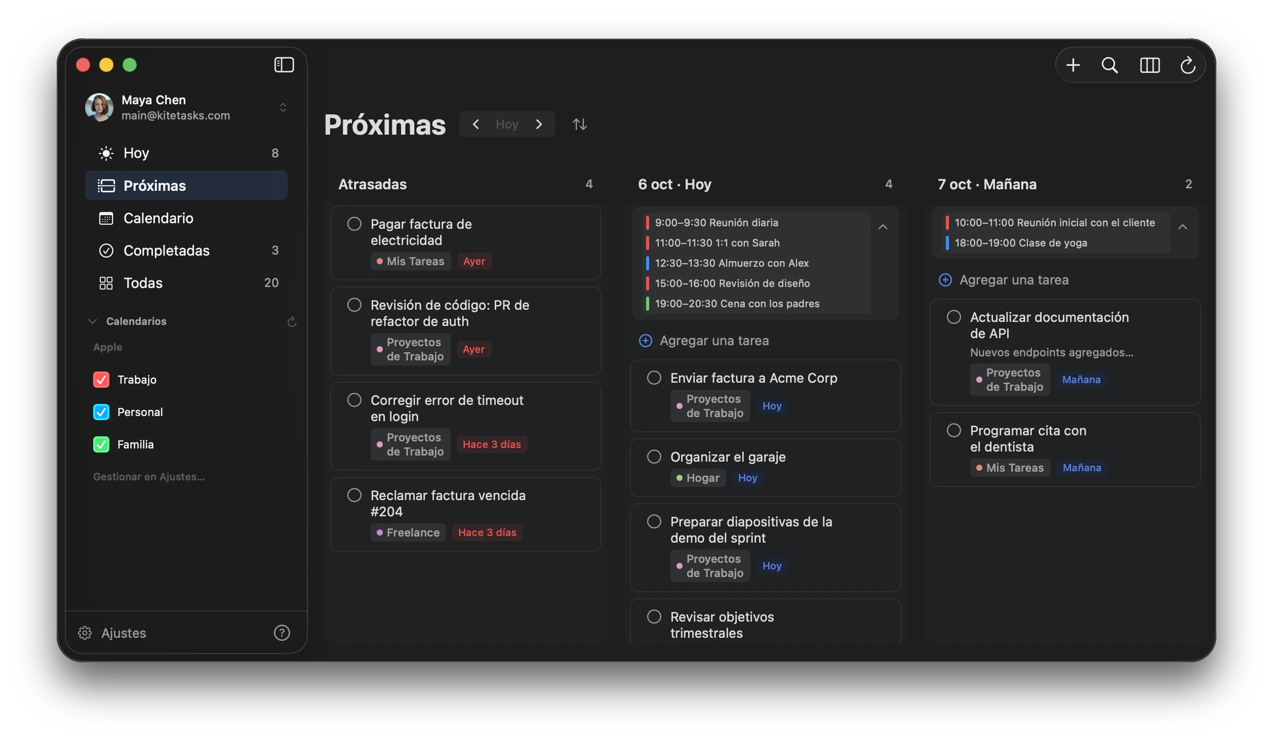 Vista «Próximas» y calendario