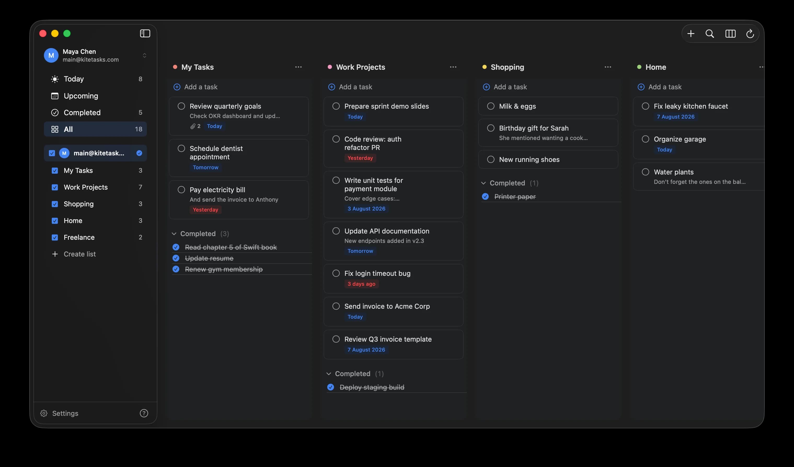 KiteTasks running fullscreen on macOS showing tasks from every Google Tasks list in one view