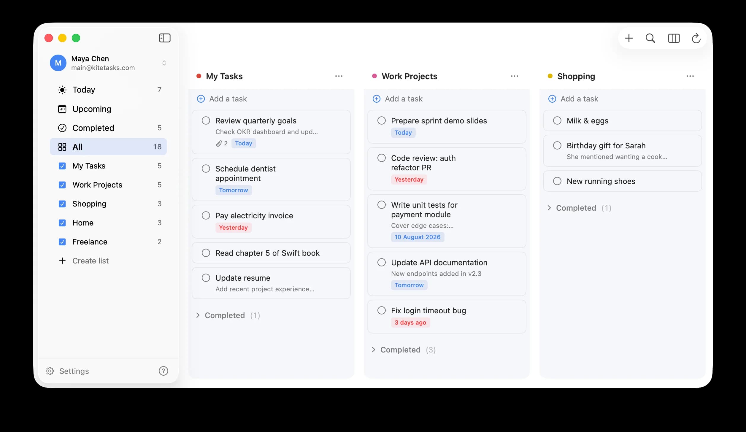 KiteTasks in light appearance with the Blue color theme