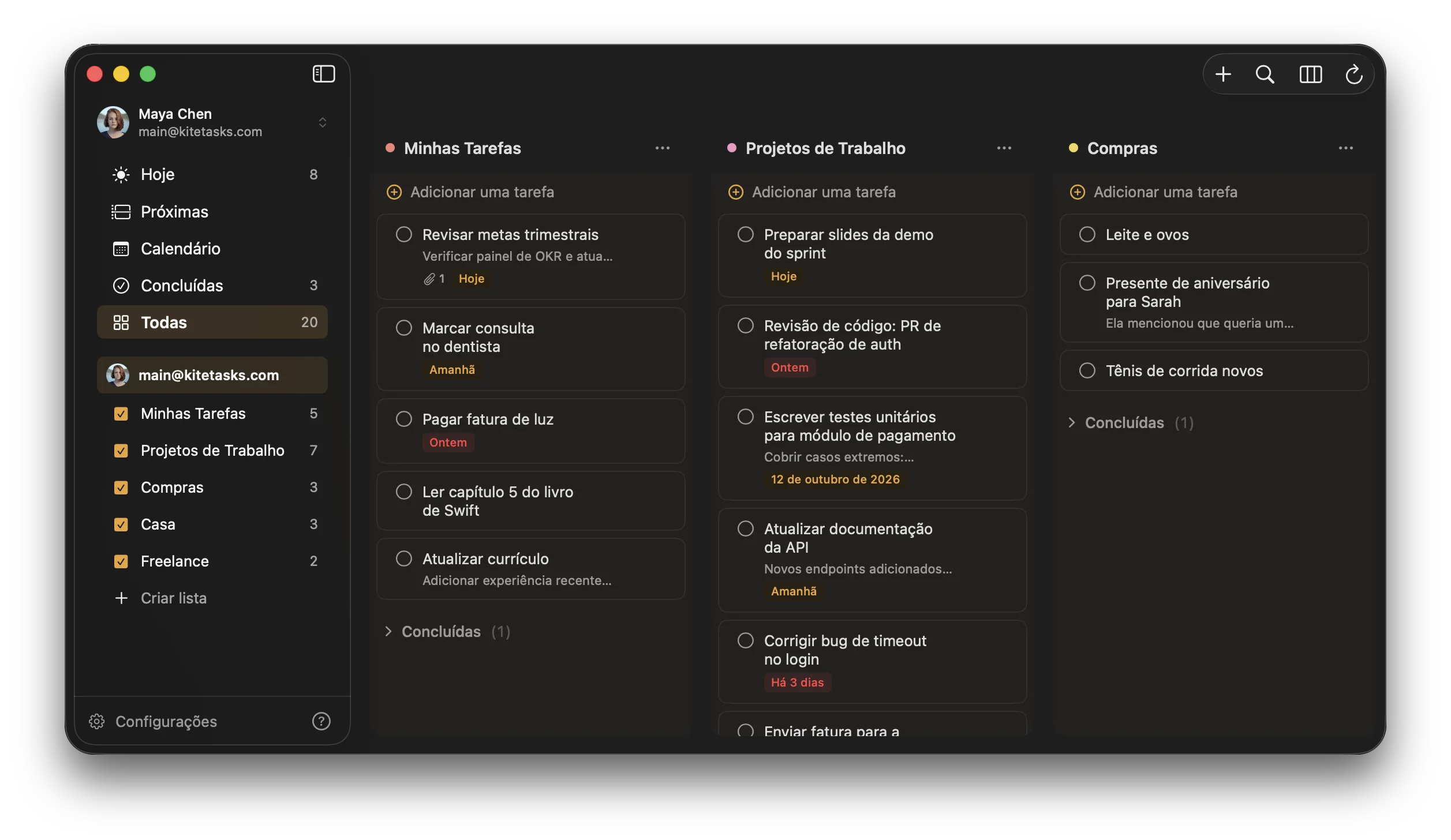 KiteTasks na aparência escura, com o tema de cores Âmbar