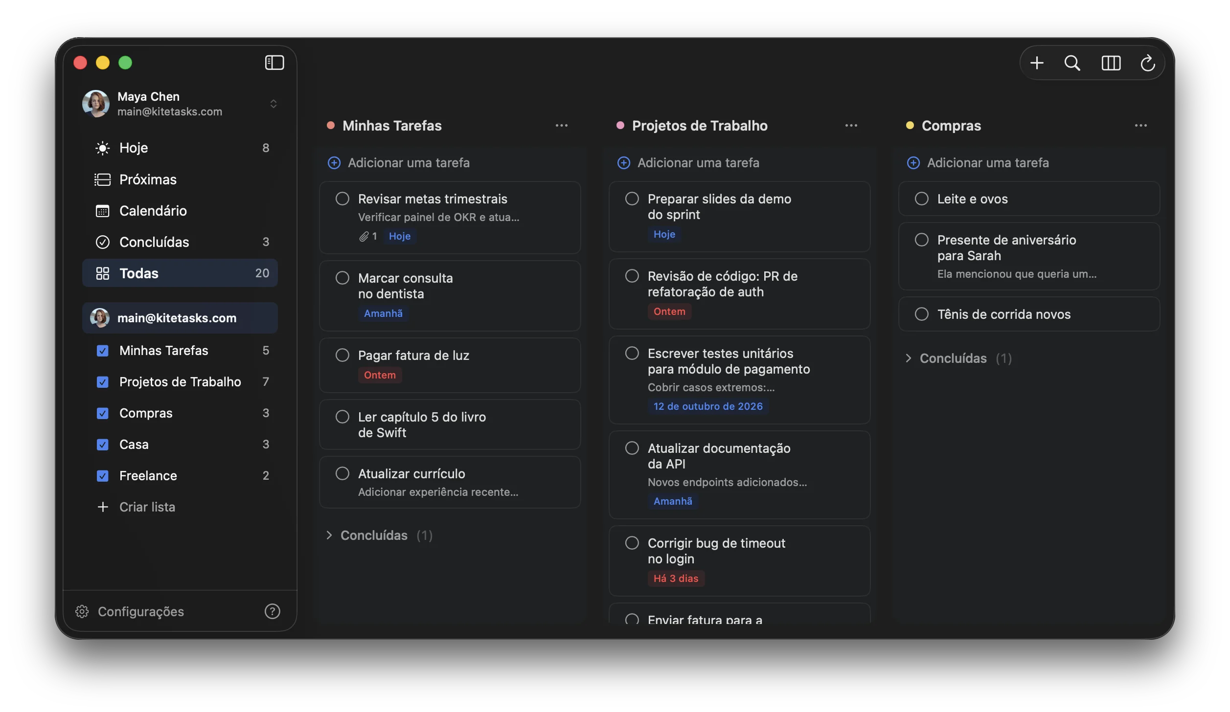 KiteTasks na aparência escura, com o tema de cores Azul