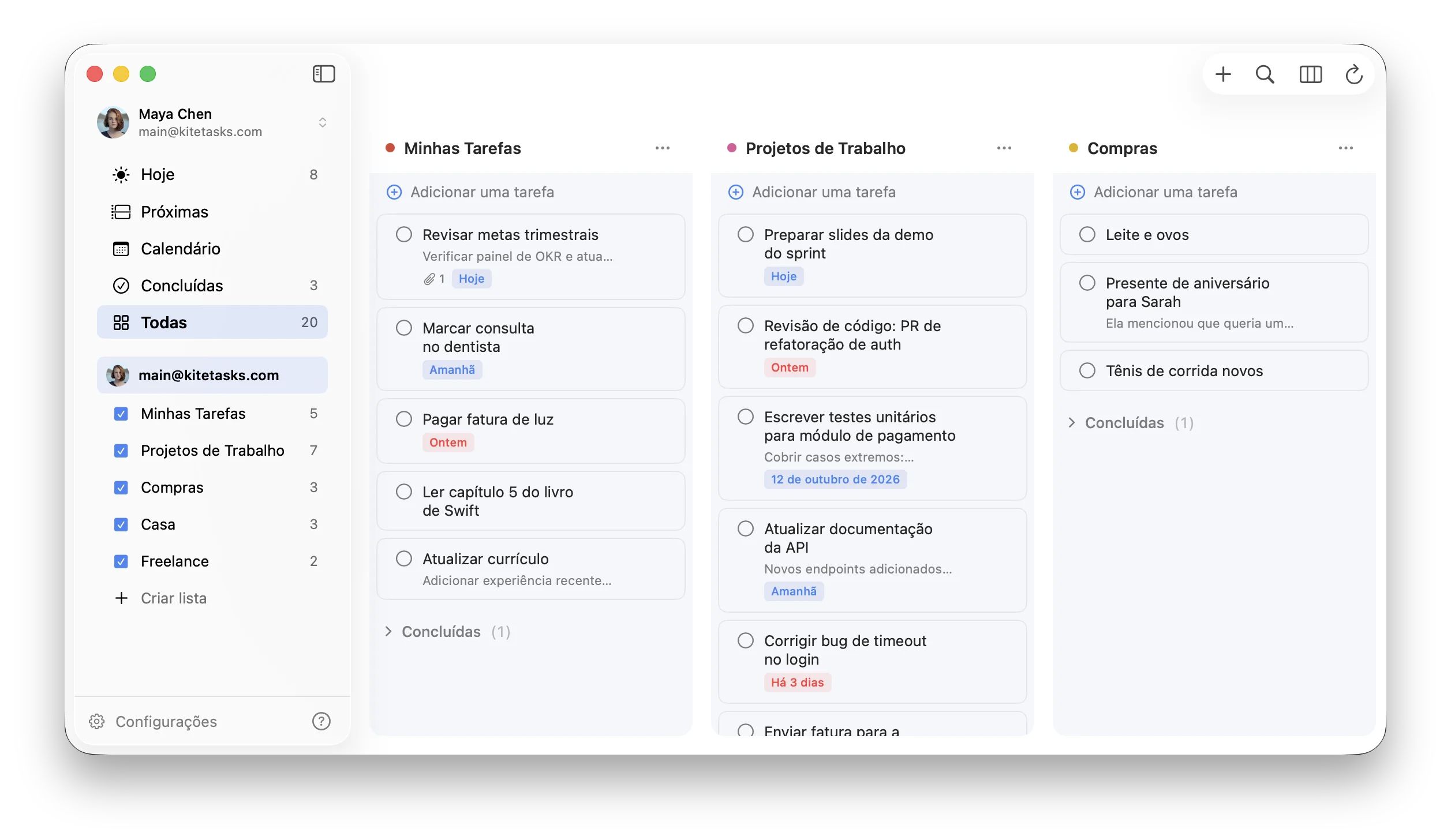 KiteTasks na aparência clara, com o tema de cores Azul