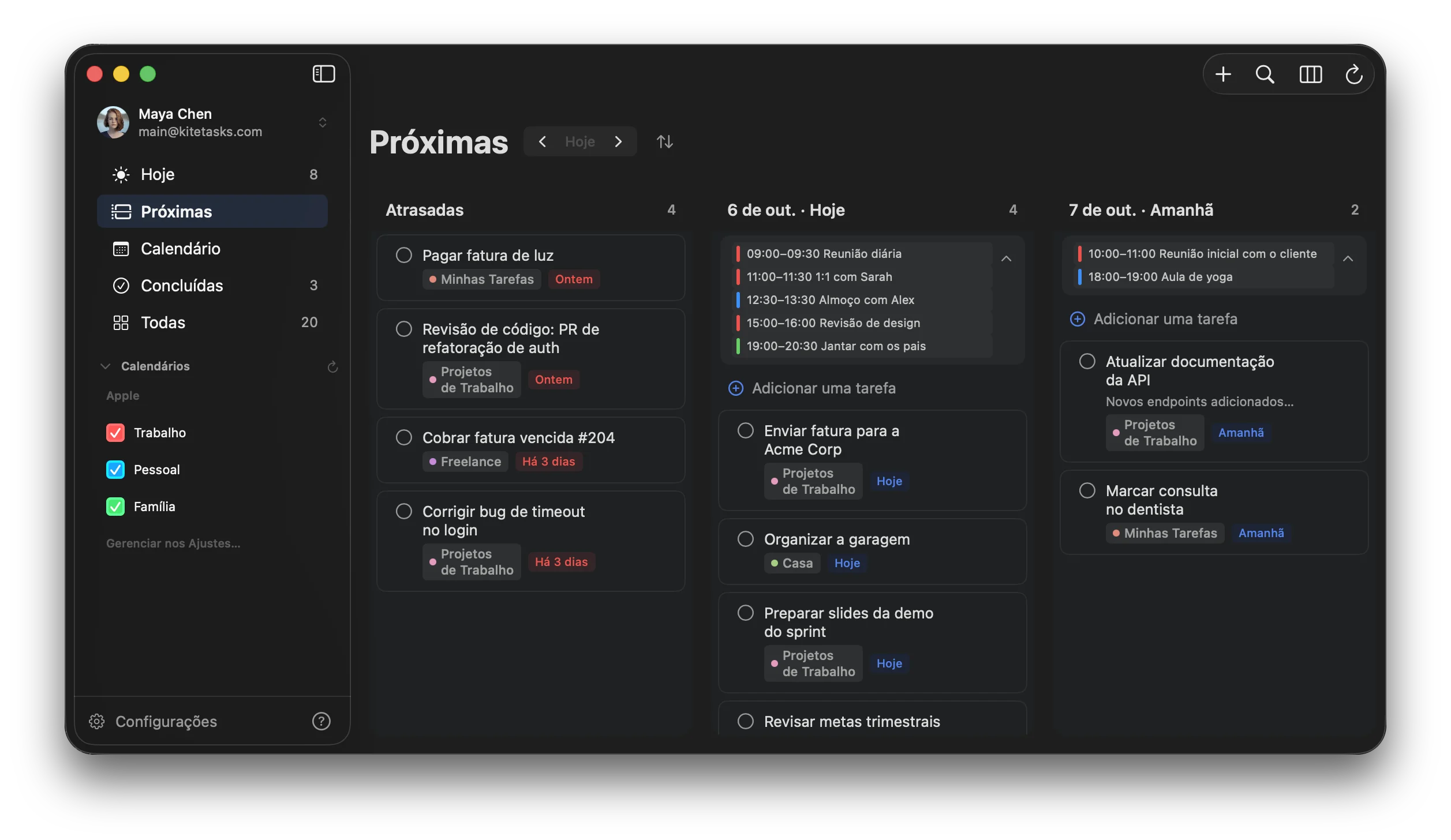 Visualização “Próximas” e agenda