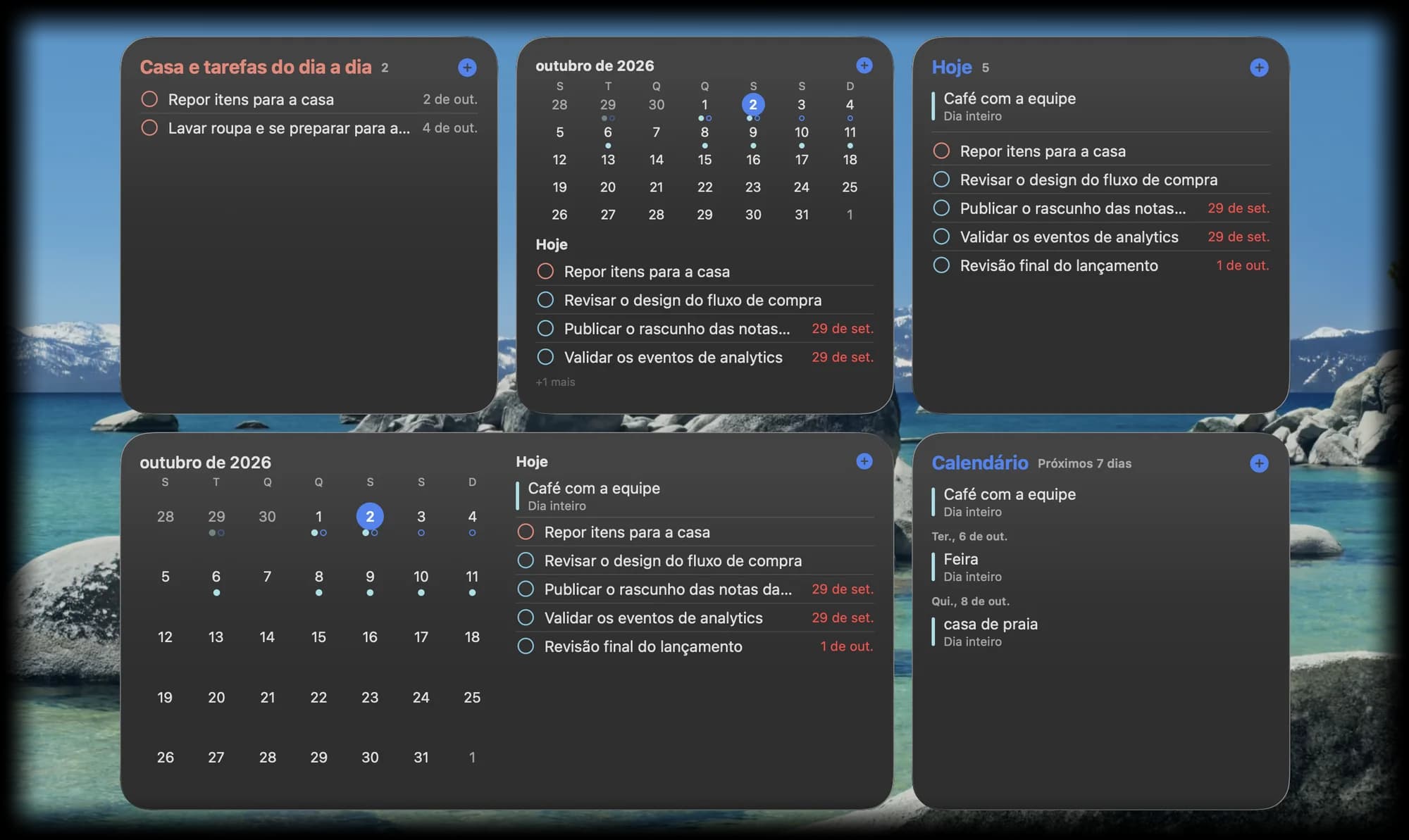 Widgets do KiteTasks para o Google Tarefas na mesa do Mac: uma lista, Hoje, Calendário e dois widgets Mês com as tarefas de hoje