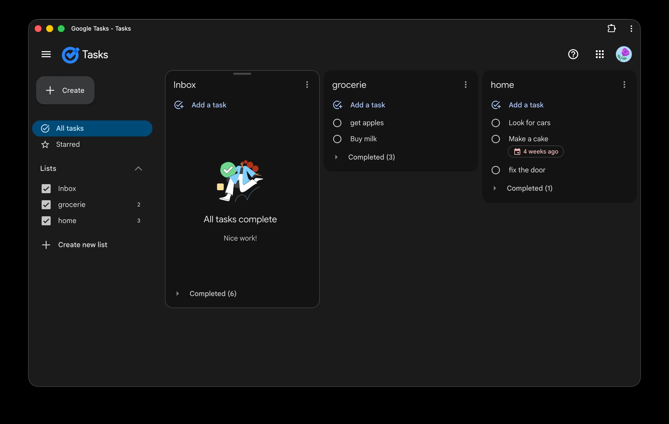 tasks.google.com running as a Progressive Web App in a dedicated window on macOS