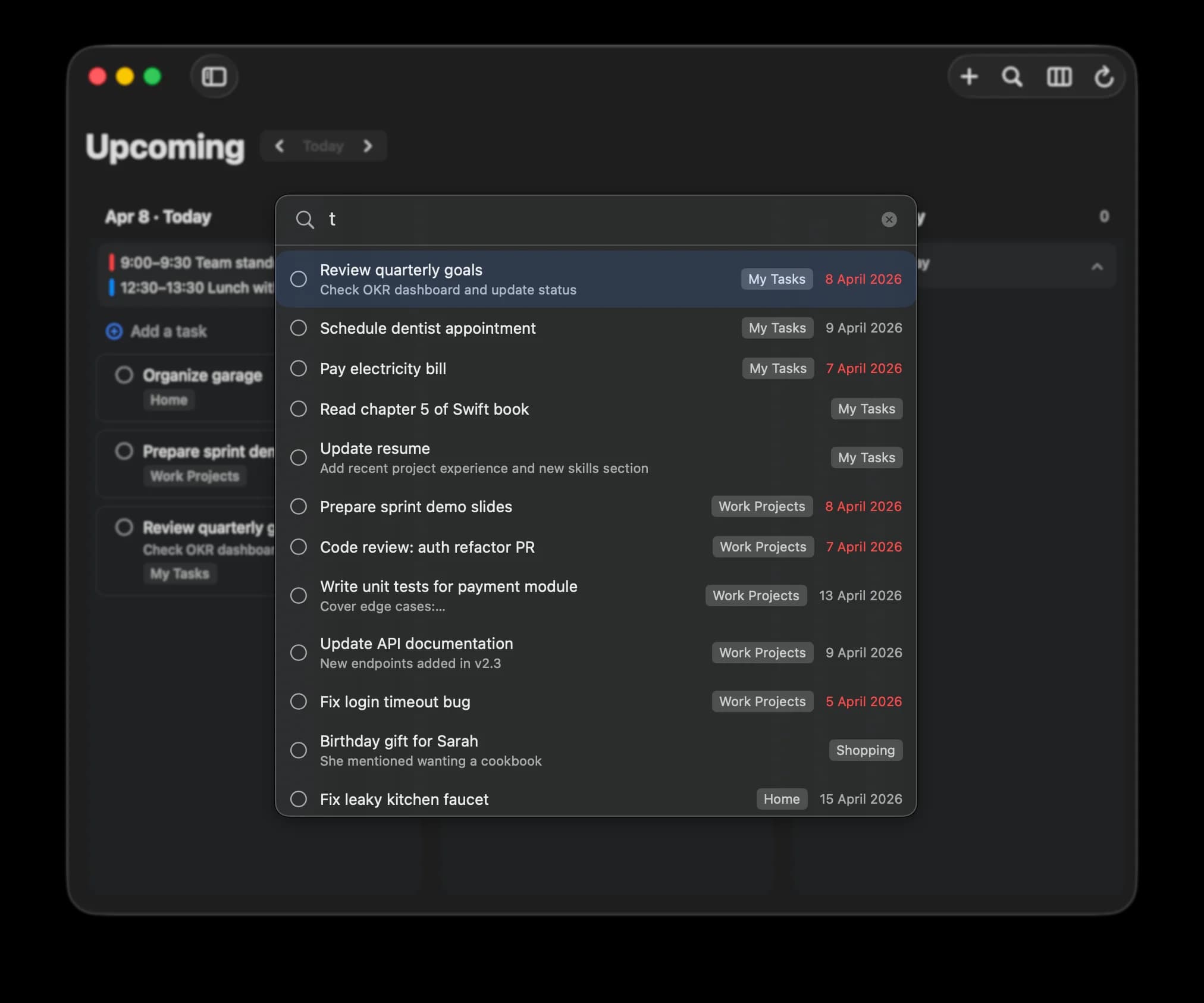 KiteTasks full-text search showing matching tasks across lists with due dates and list badges