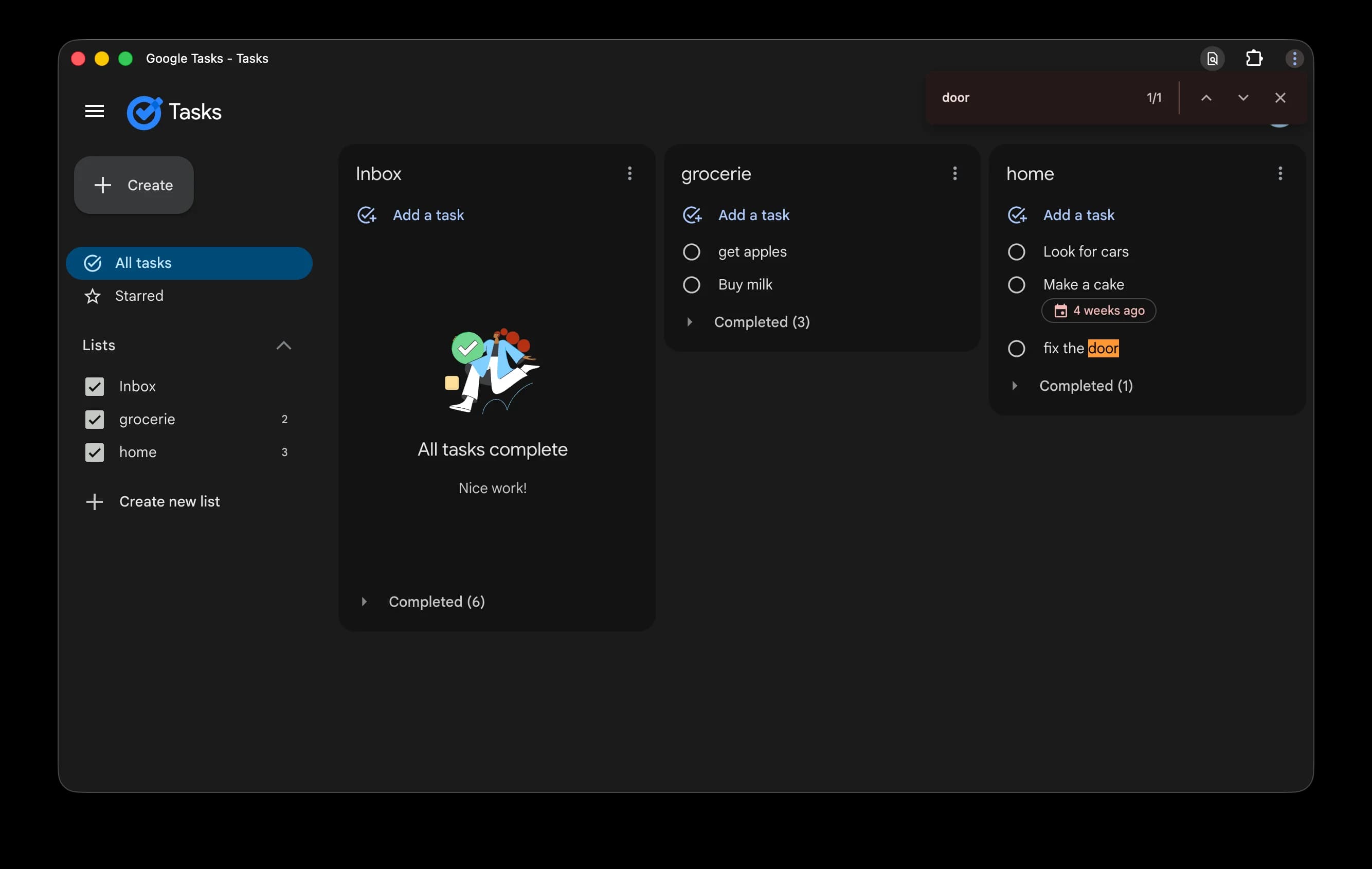 Using browser find (Cmd+F) on tasks.google.com with the All tasks view open to search across every list