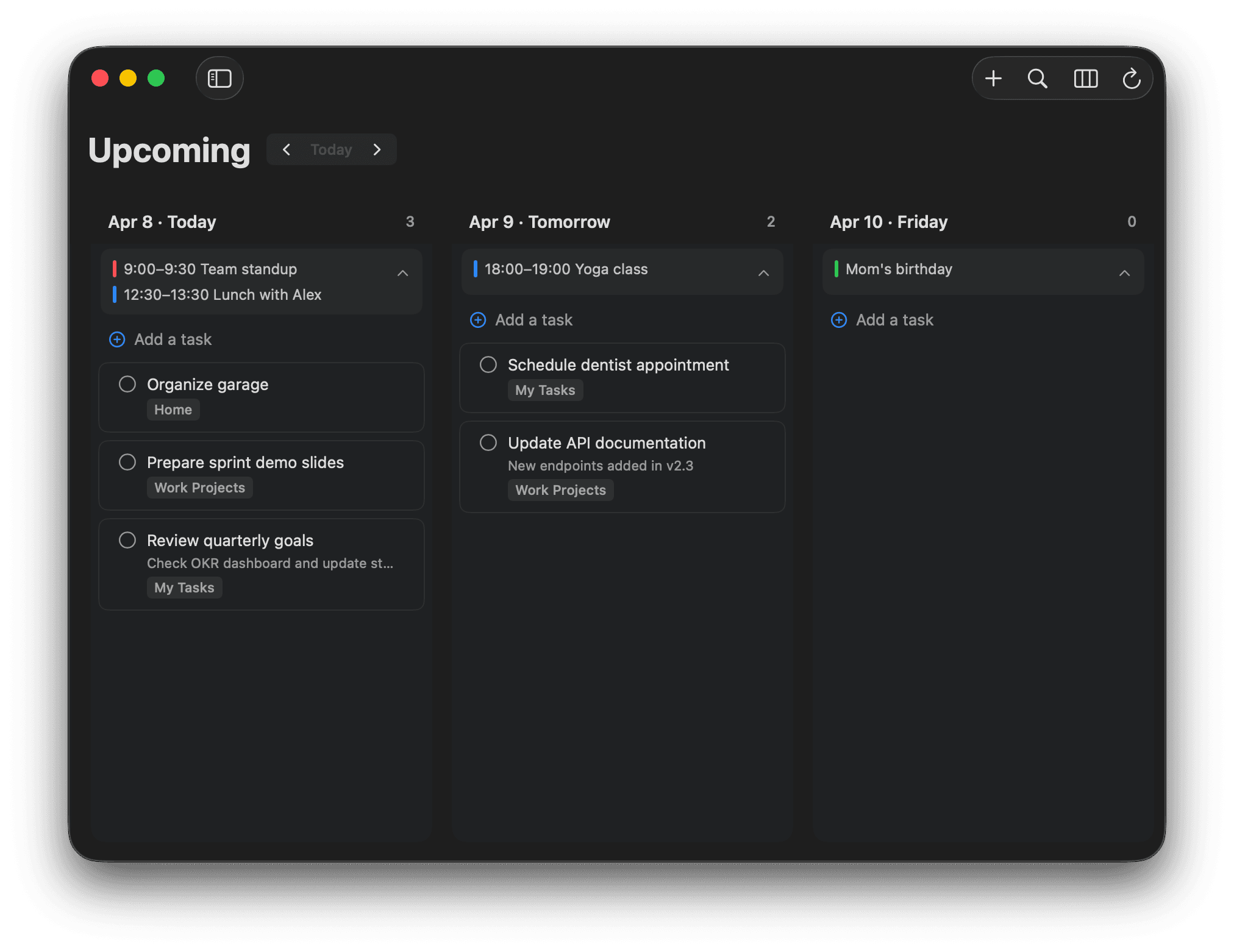 Upcoming view & calendar