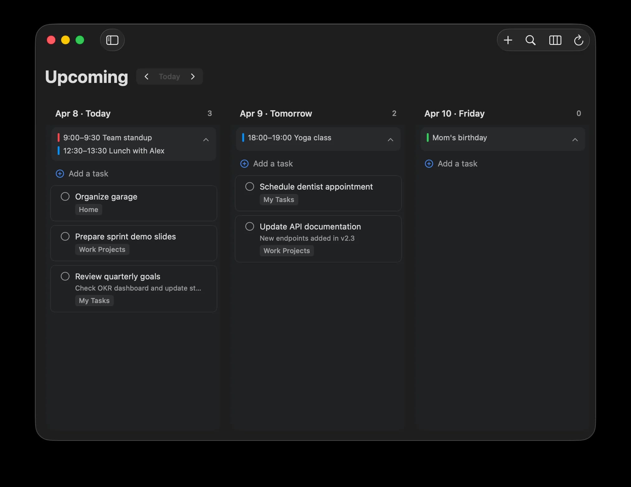Upcoming view & calendar