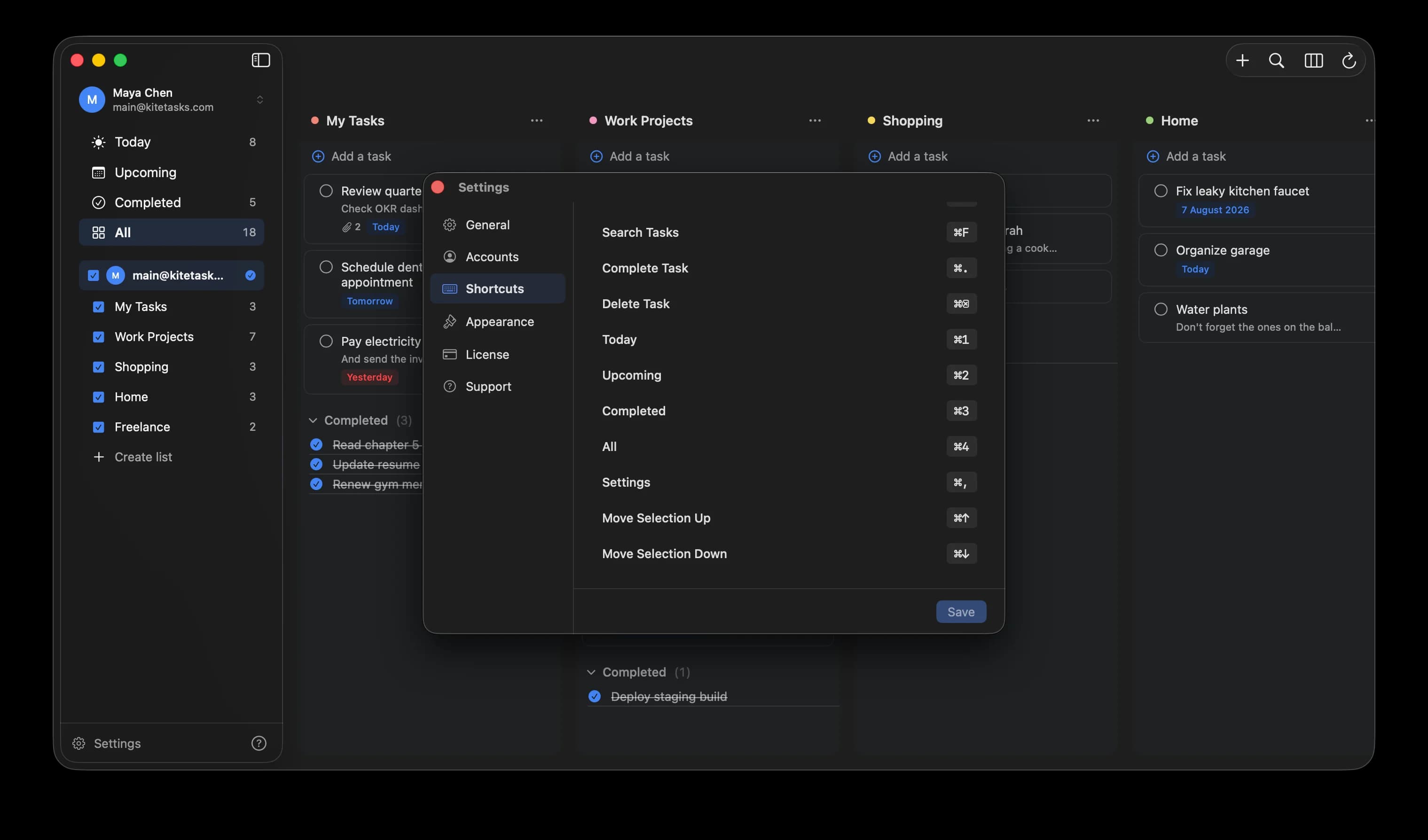 KiteTasks Shortcuts settings on macOS showing remappable keyboard shortcuts over the app's board view