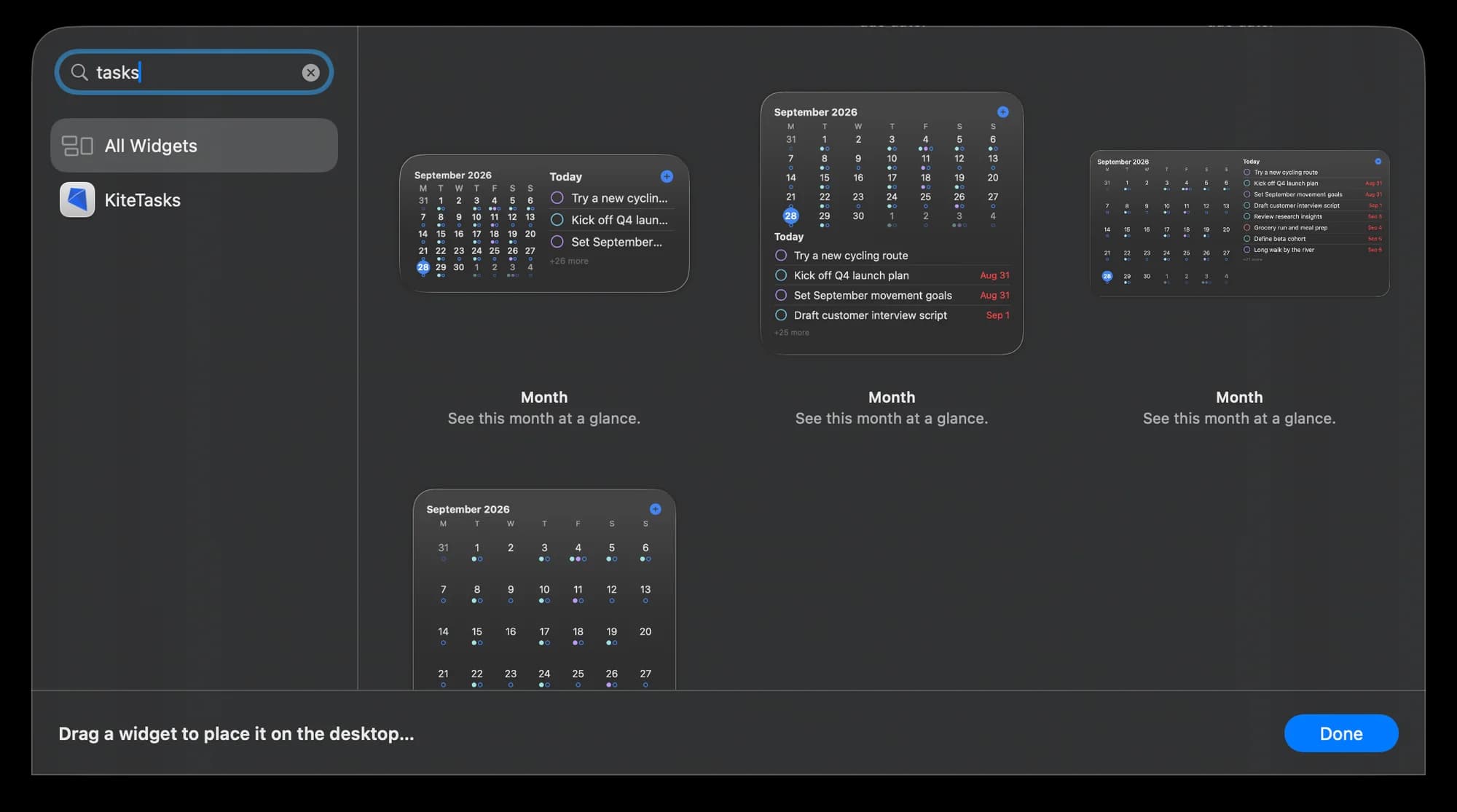 The macOS widget gallery searched for "tasks": only KiteTasks appears in the list, there is no entry from Google