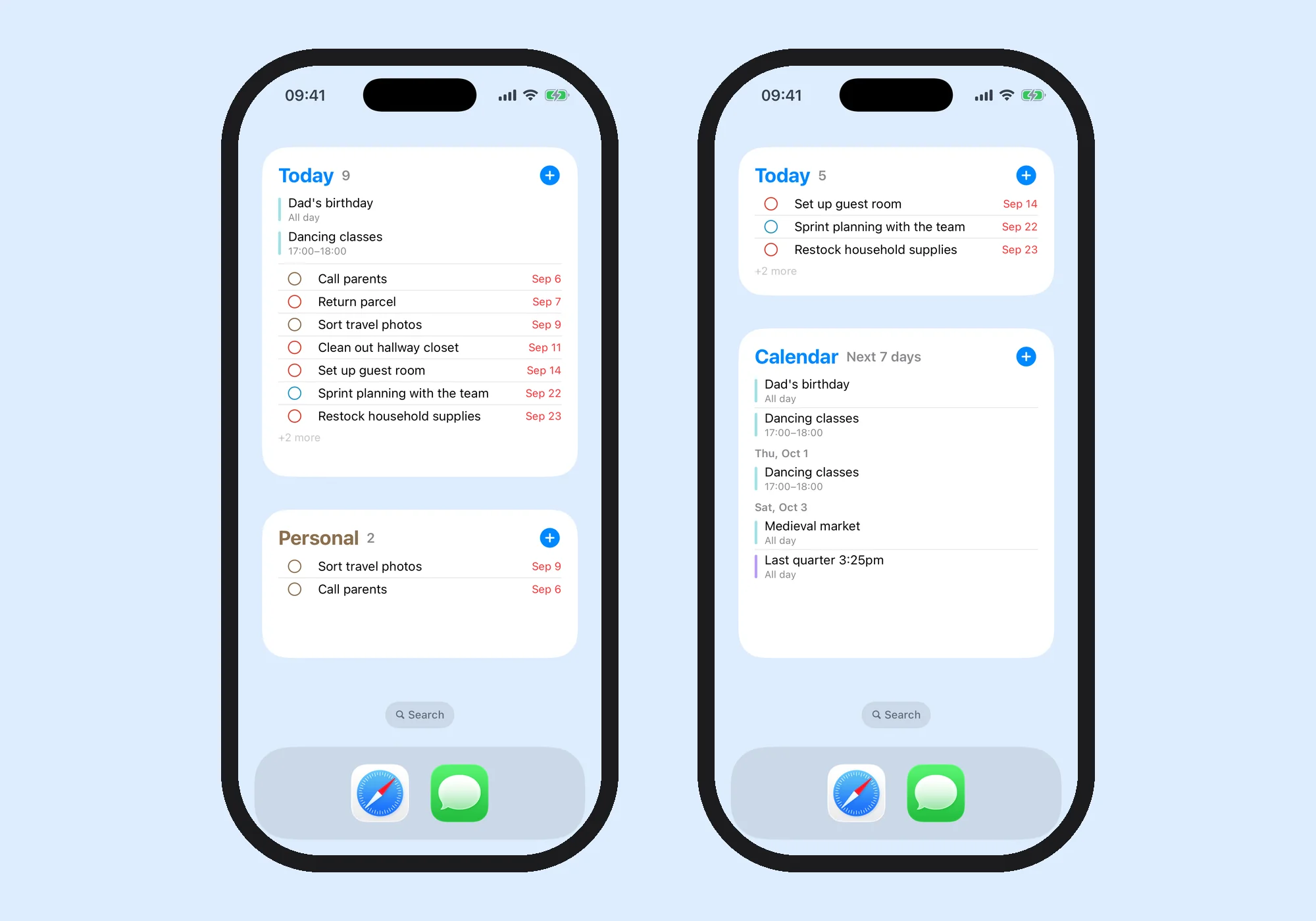 Two iPhone Home Screens with KiteTasks widgets: a large Today widget with calendar events above the day's tasks and a pinned Personal list, then a medium Today widget and a Calendar widget showing the next 7 days