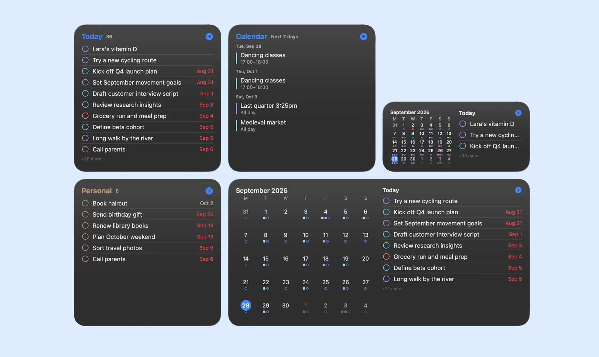 KiteTasks widgets on a macOS desktop: Today, Calendar, a pinned Personal list, and the Month widget with today's tasks beside the grid